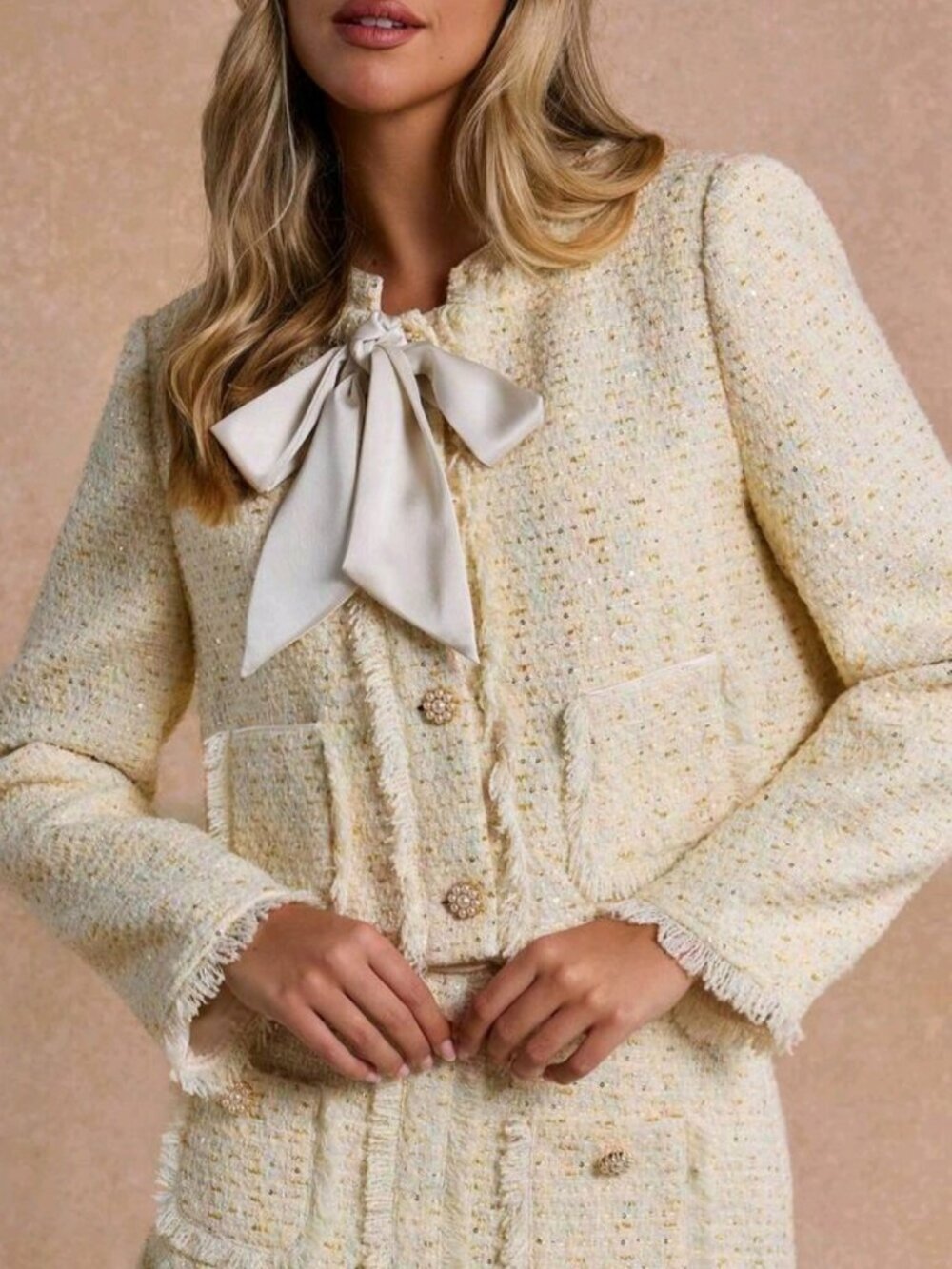 Romantic Women's Elegant ,Pale Yellow Elegant Commute Tweed Jacket With Bow